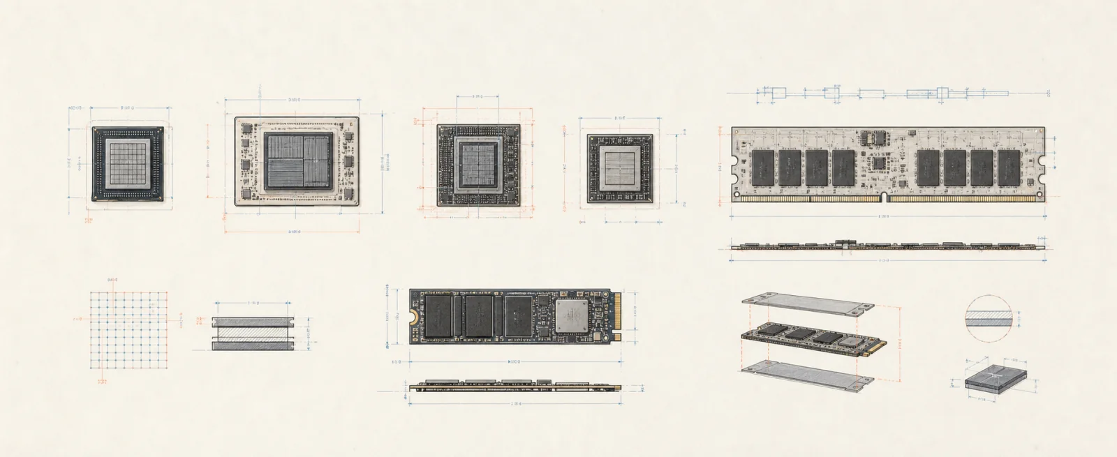 显卡、内存条与 NVMe 固态硬盘构成的算力硬件插画